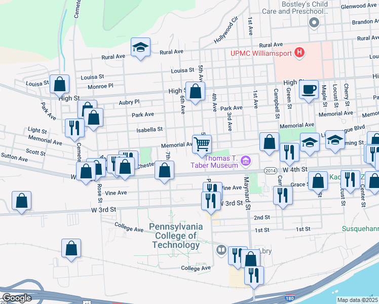 map of restaurants, bars, coffee shops, grocery stores, and more near 510 6th Avenue in Williamsport