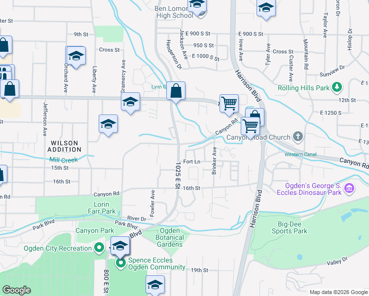 map of restaurants, bars, coffee shops, grocery stores, and more near 1014 Creekside Drive in Ogden