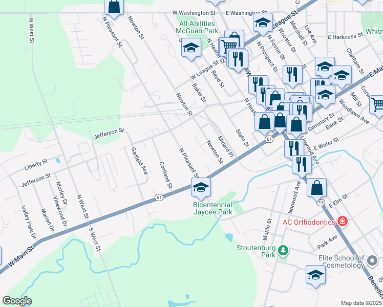 map of restaurants, bars, coffee shops, grocery stores, and more near 24 N Pleasant St in Norwalk