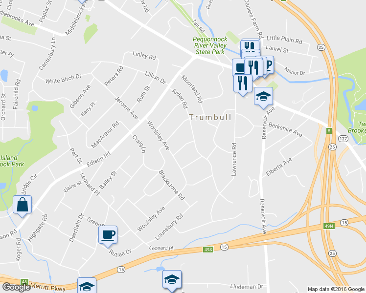 map of restaurants, bars, coffee shops, grocery stores, and more near 11 Whalley Road in Trumbull