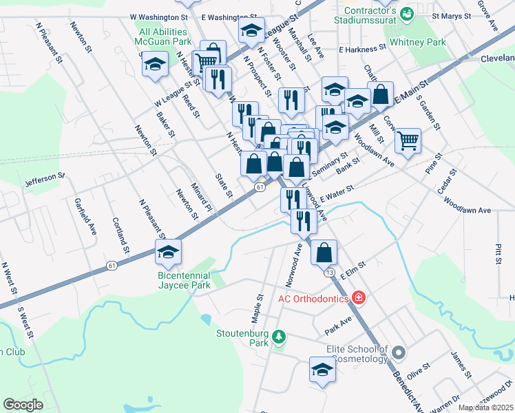map of restaurants, bars, coffee shops, grocery stores, and more near 48 West Seminary Street in Norwalk