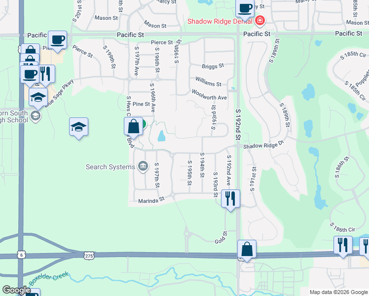 map of restaurants, bars, coffee shops, grocery stores, and more near 19518 Shadow Ridge Drive in Omaha