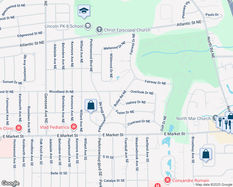 map of restaurants, bars, coffee shops, grocery stores, and more near 2848 Woodland Street Northeast in Warren