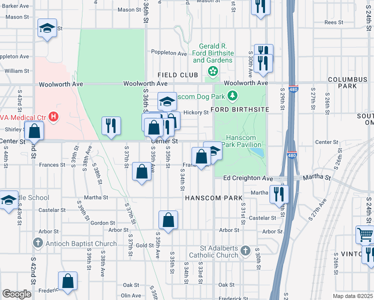 map of restaurants, bars, coffee shops, grocery stores, and more near 1915 South 34th Street in Omaha