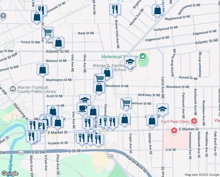 map of restaurants, bars, coffee shops, grocery stores, and more near 776 Woodland Street Northeast in Warren