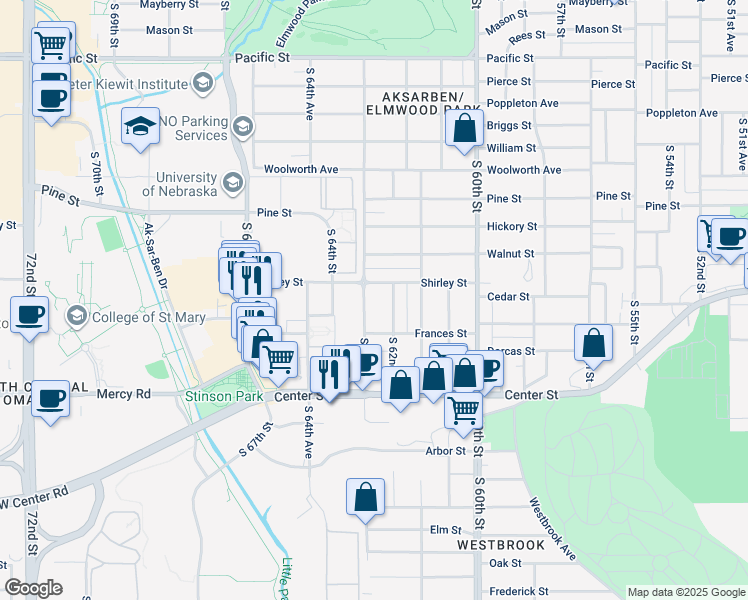 map of restaurants, bars, coffee shops, grocery stores, and more near 1915 South 63rd Street in Omaha