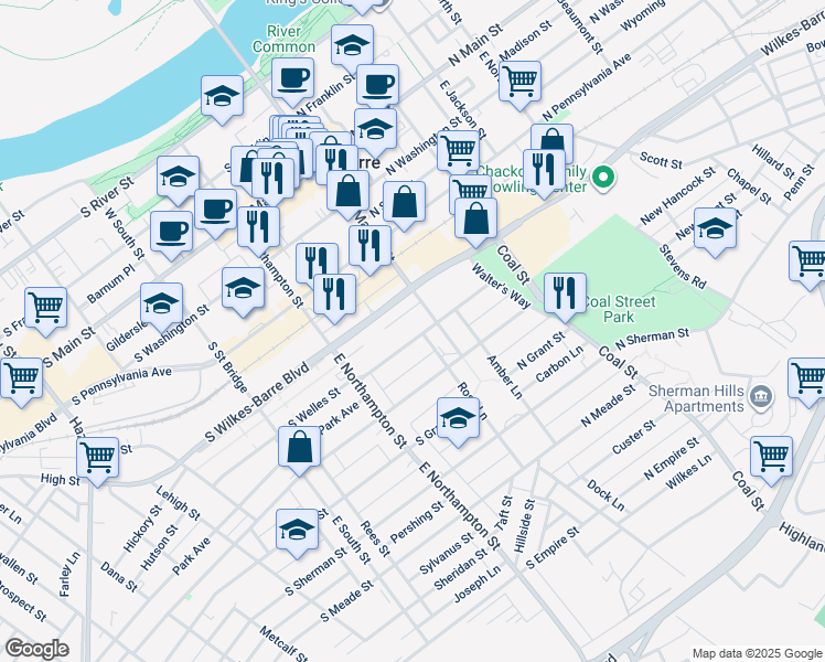 map of restaurants, bars, coffee shops, grocery stores, and more near 23 South Welles Street in Wilkes-Barre