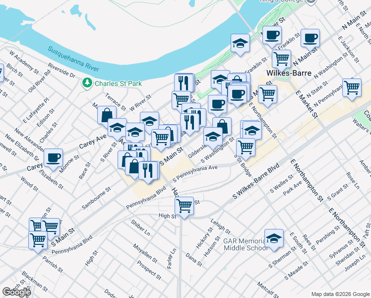 map of restaurants, bars, coffee shops, grocery stores, and more near 264 South Main Street in Wilkes-Barre