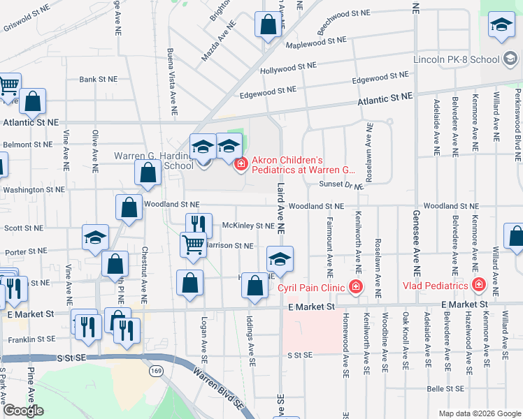 map of restaurants, bars, coffee shops, grocery stores, and more near 1202 Woodland Street Northeast in Warren