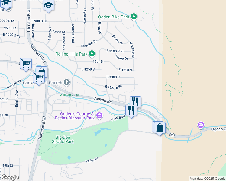 map of restaurants, bars, coffee shops, grocery stores, and more near 1629 East 1350 South Street in Ogden