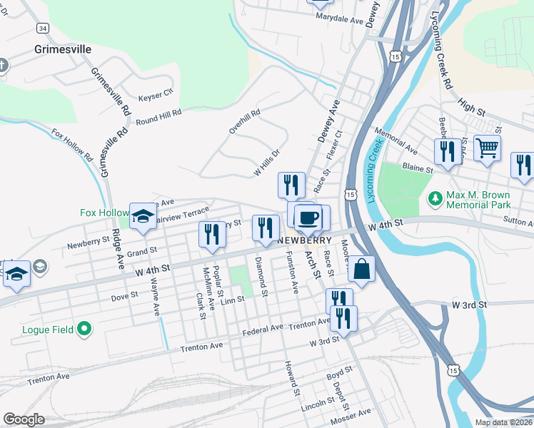 map of restaurants, bars, coffee shops, grocery stores, and more near 2116 Newberry Street in Williamsport