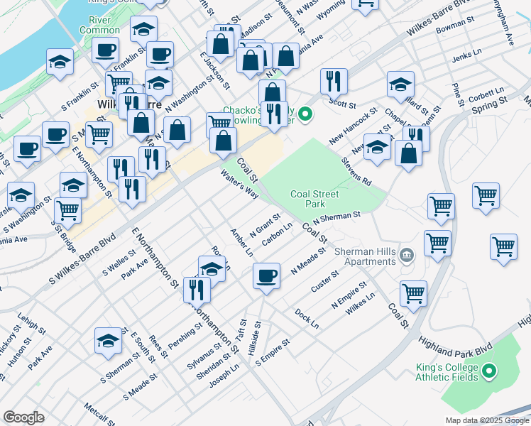 map of restaurants, bars, coffee shops, grocery stores, and more near 61 Hayes Lane in Wilkes-Barre