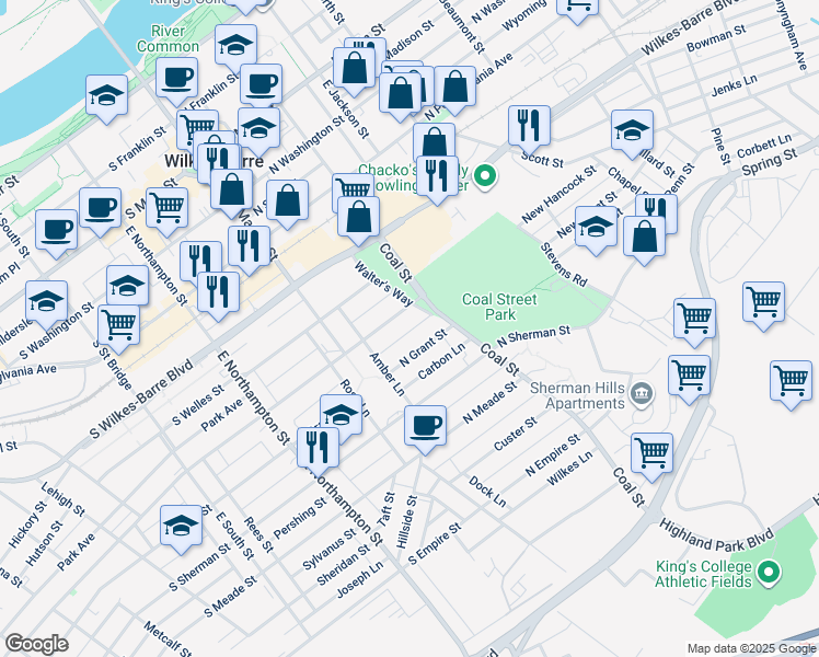 map of restaurants, bars, coffee shops, grocery stores, and more near 50 Hayes Lane in Wilkes-Barre