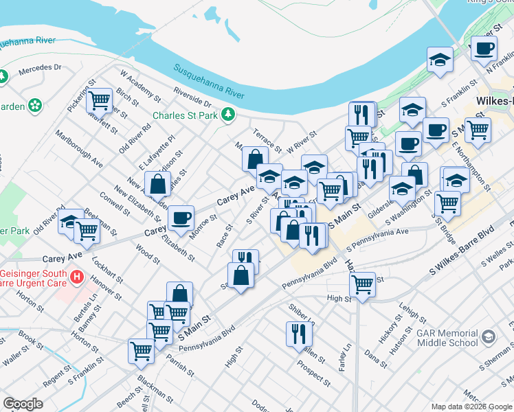 map of restaurants, bars, coffee shops, grocery stores, and more near 439 South River Street in Wilkes-Barre