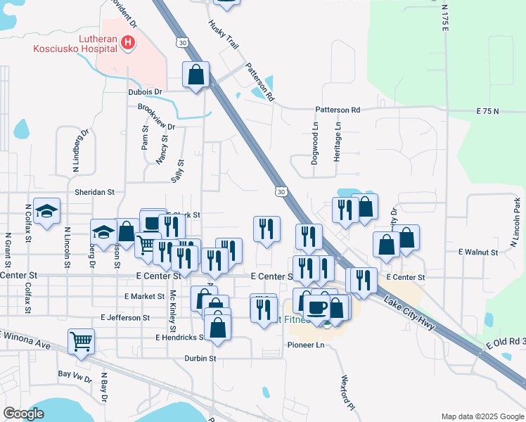 map of restaurants, bars, coffee shops, grocery stores, and more near 425 Chinworth Court in Warsaw