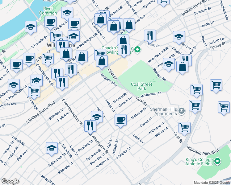 map of restaurants, bars, coffee shops, grocery stores, and more near 50 Hayes Lane in Wilkes-Barre