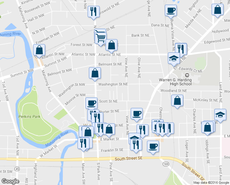 map of restaurants, bars, coffee shops, grocery stores, and more near 461 Waverly Avenue Northeast in Warren