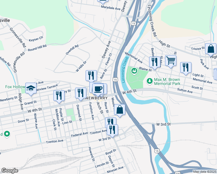 map of restaurants, bars, coffee shops, grocery stores, and more near 931 Moore Avenue in Williamsport