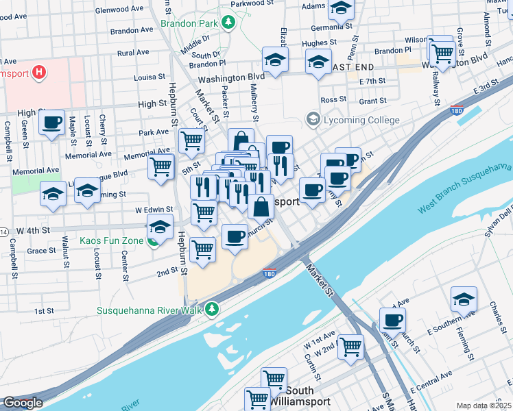 map of restaurants, bars, coffee shops, grocery stores, and more near 26 West 3rd Street in Williamsport