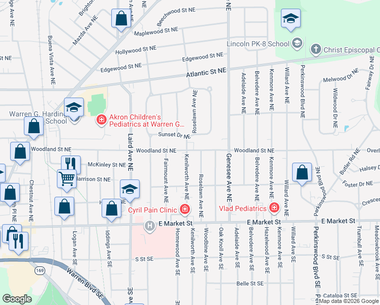 map of restaurants, bars, coffee shops, grocery stores, and more near 450 Kenilworth Avenue Northeast in Warren