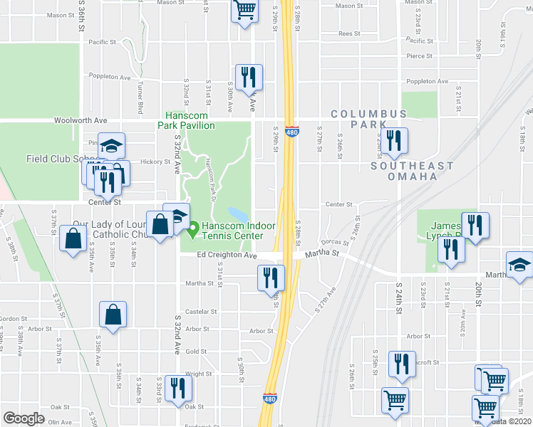 map of restaurants, bars, coffee shops, grocery stores, and more near 2911 Shirley St in Omaha