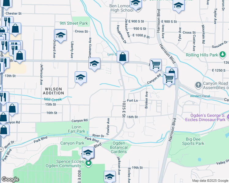 map of restaurants, bars, coffee shops, grocery stores, and more near 965 Canyon Road in Ogden