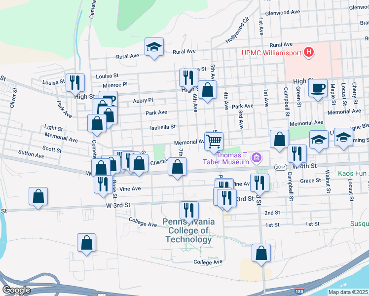 map of restaurants, bars, coffee shops, grocery stores, and more near 526 7th Avenue in Williamsport