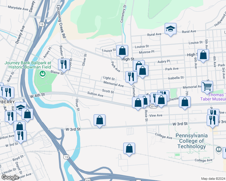 map of restaurants, bars, coffee shops, grocery stores, and more near 1500 Scott Street in Williamsport