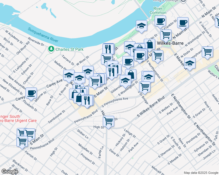 map of restaurants, bars, coffee shops, grocery stores, and more near 65 Gildersleeve Street in Wilkes-Barre