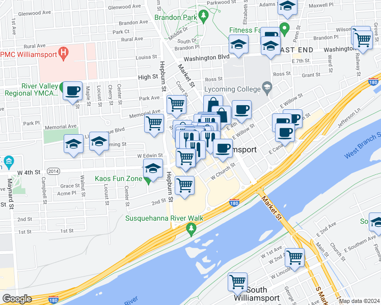map of restaurants, bars, coffee shops, grocery stores, and more near 349 Pine Street in Williamsport