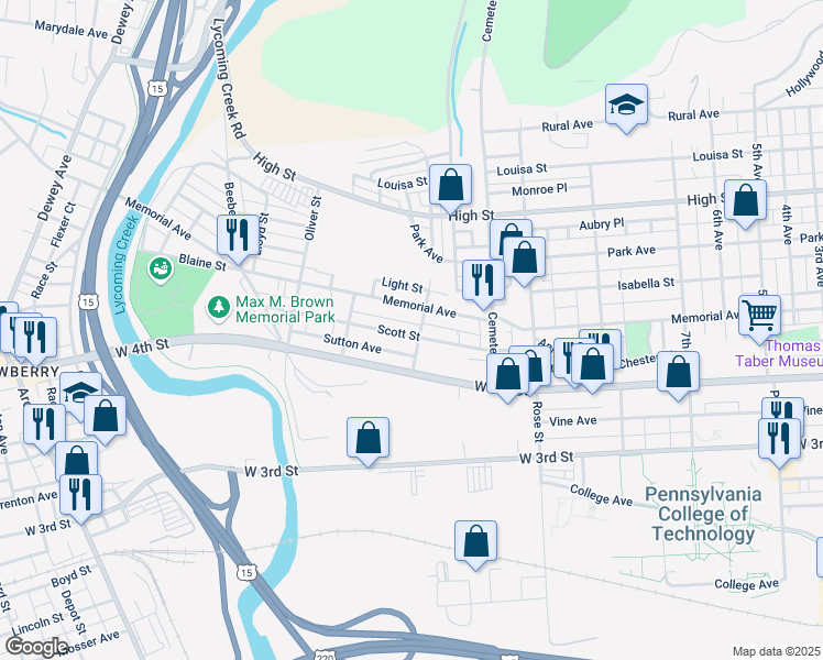 map of restaurants, bars, coffee shops, grocery stores, and more near 1500 Scott Street in Williamsport