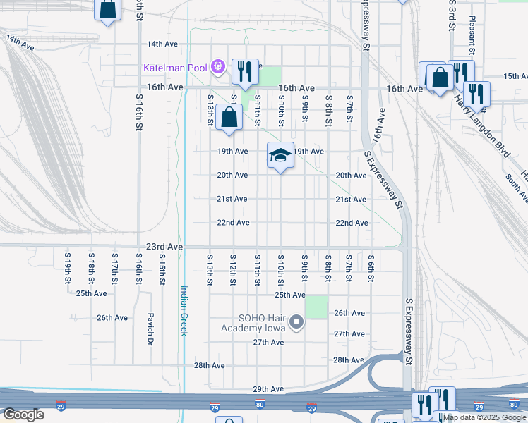 map of restaurants, bars, coffee shops, grocery stores, and more near 2110 South 11th Street in Council Bluffs