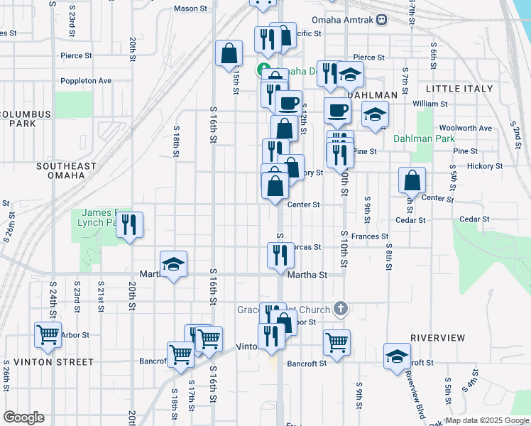 map of restaurants, bars, coffee shops, grocery stores, and more near 1907 South 14th Street in Omaha