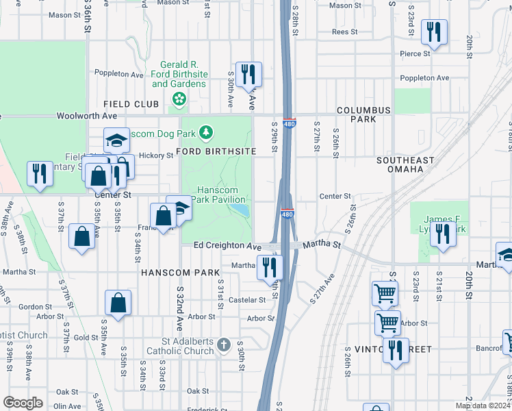 map of restaurants, bars, coffee shops, grocery stores, and more near 2911 Shirley Street in Omaha