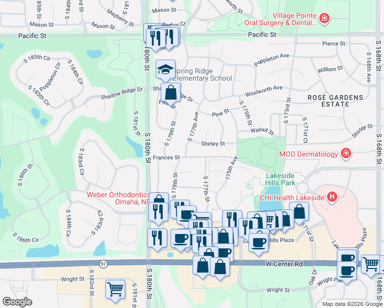 map of restaurants, bars, coffee shops, grocery stores, and more near 17710 Frances Street in Omaha