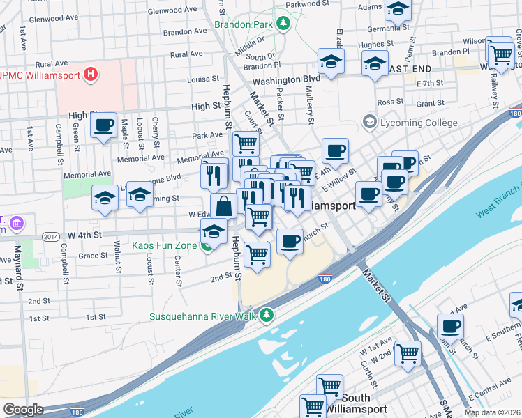 map of restaurants, bars, coffee shops, grocery stores, and more near 412 William Street in Williamsport