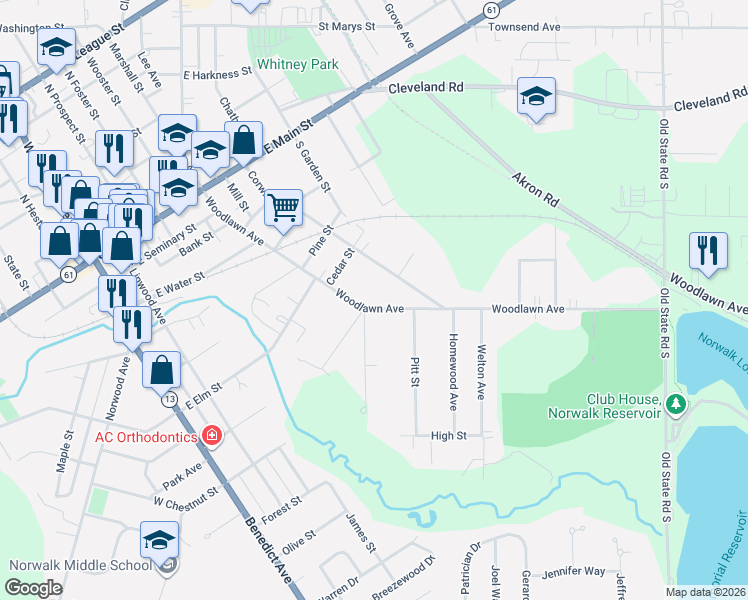 map of restaurants, bars, coffee shops, grocery stores, and more near 85 Woodlawn Ave in Norwalk