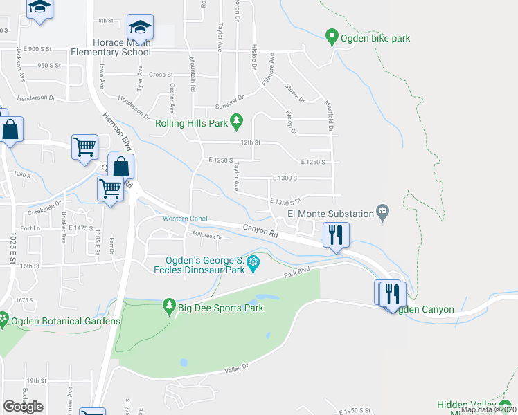 map of restaurants, bars, coffee shops, grocery stores, and more near 1572 East 1375 South in Ogden