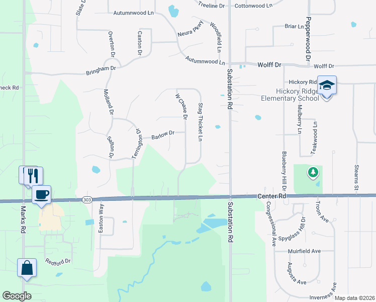 map of restaurants, bars, coffee shops, grocery stores, and more near 1247 W Chase Dr in Brunswick