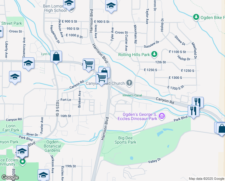 map of restaurants, bars, coffee shops, grocery stores, and more near 1300 Lorl Lane in Ogden