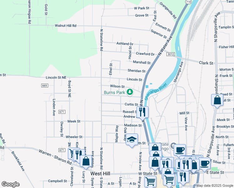 map of restaurants, bars, coffee shops, grocery stores, and more near 422 Grant Street in Sharon