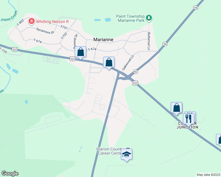 map of restaurants, bars, coffee shops, grocery stores, and more near Paint Boulevard in Shippenville