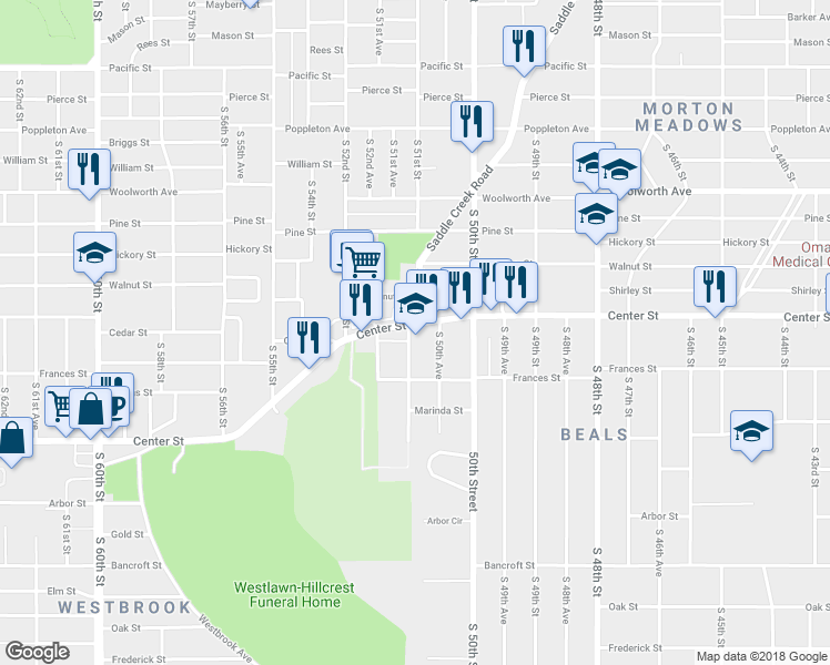 map of restaurants, bars, coffee shops, grocery stores, and more near 5071 Center St in Omaha