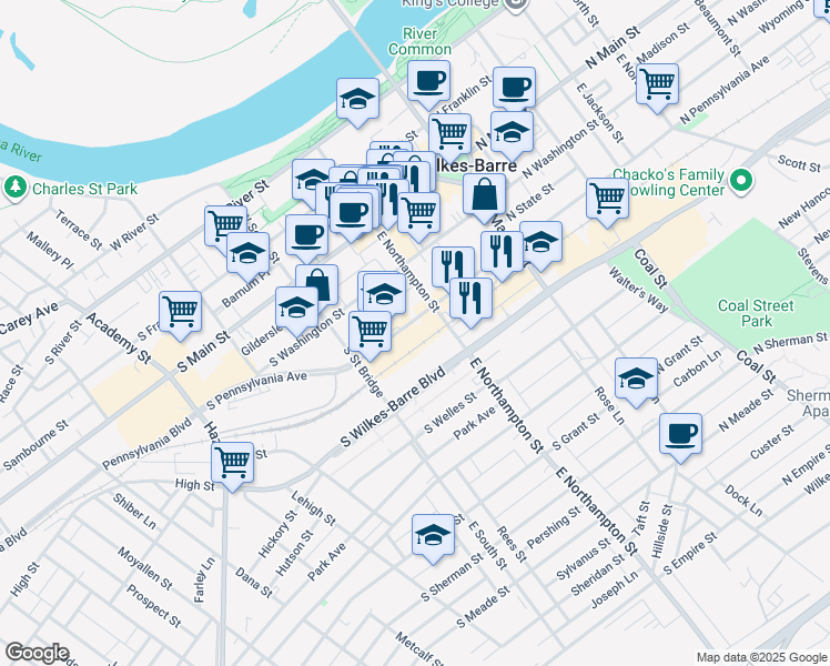 map of restaurants, bars, coffee shops, grocery stores, and more near 130 S Pennsylvania Ave in Wilkes-Barre