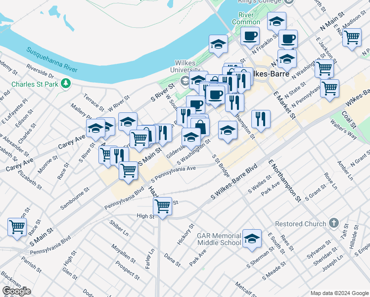 map of restaurants, bars, coffee shops, grocery stores, and more near 36 Gildersleeve Street in Wilkes-Barre