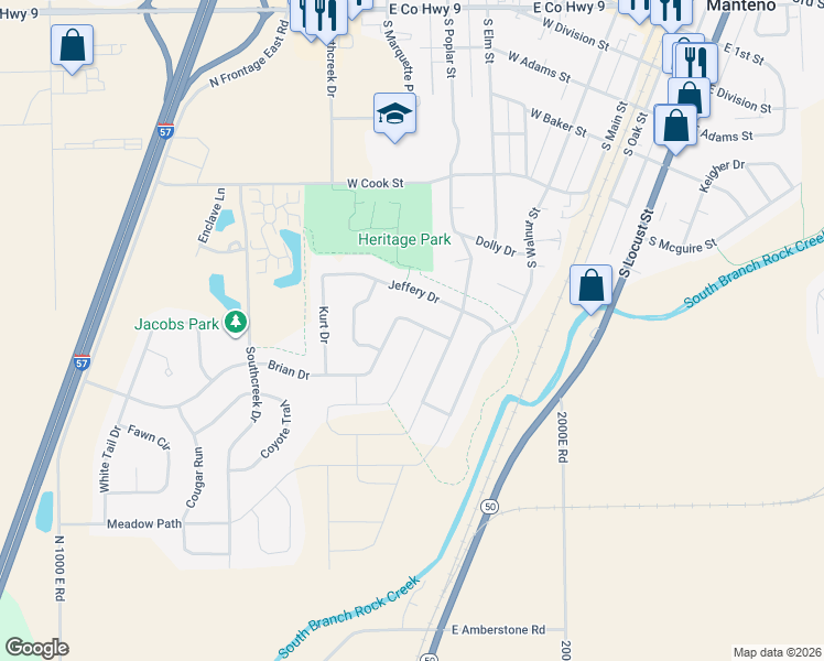 map of restaurants, bars, coffee shops, grocery stores, and more near 507 Poplar Circle in Manteno