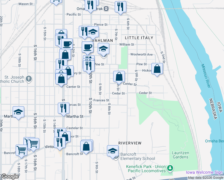 map of restaurants, bars, coffee shops, grocery stores, and more near 1919 South 8th Street in Omaha
