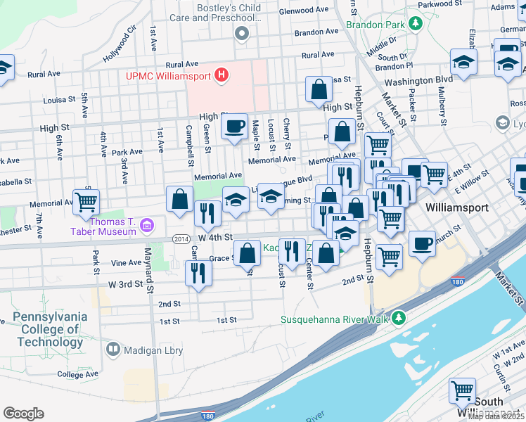 map of restaurants, bars, coffee shops, grocery stores, and more near 647 Cedar Avenue in Williamsport
