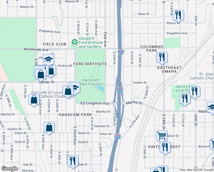 map of restaurants, bars, coffee shops, grocery stores, and more near 2911 Shirley Street in Omaha
