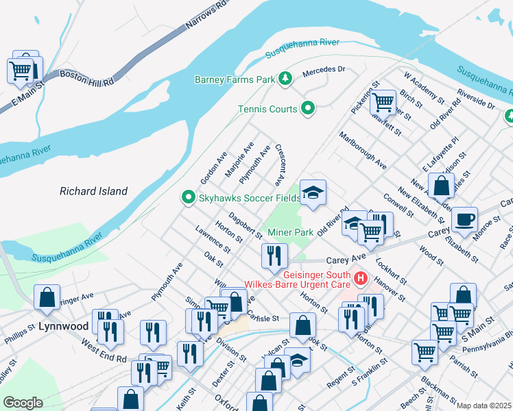 map of restaurants, bars, coffee shops, grocery stores, and more near 211 Crescent Avenue in Wilkes-Barre